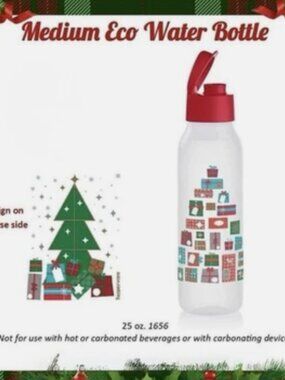 NWT Tupperware Eco Water Bottle Christmas Tree Holiday Design 25 oz. Flip Top